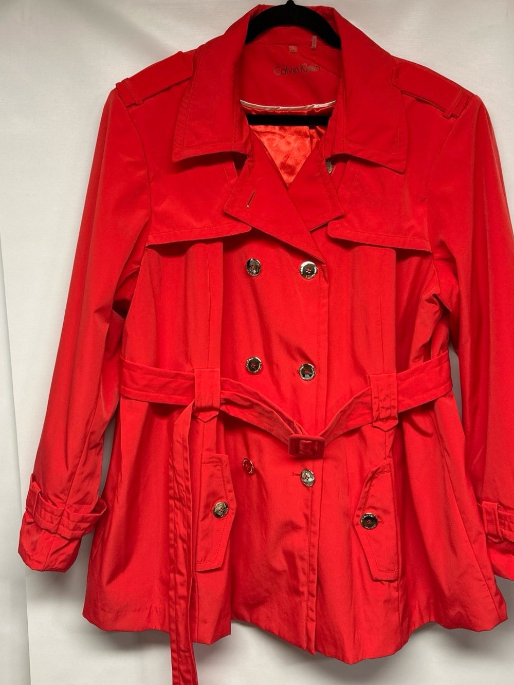 Calvin Klein Bright Red Double-Breasted Trench Coat with Belt